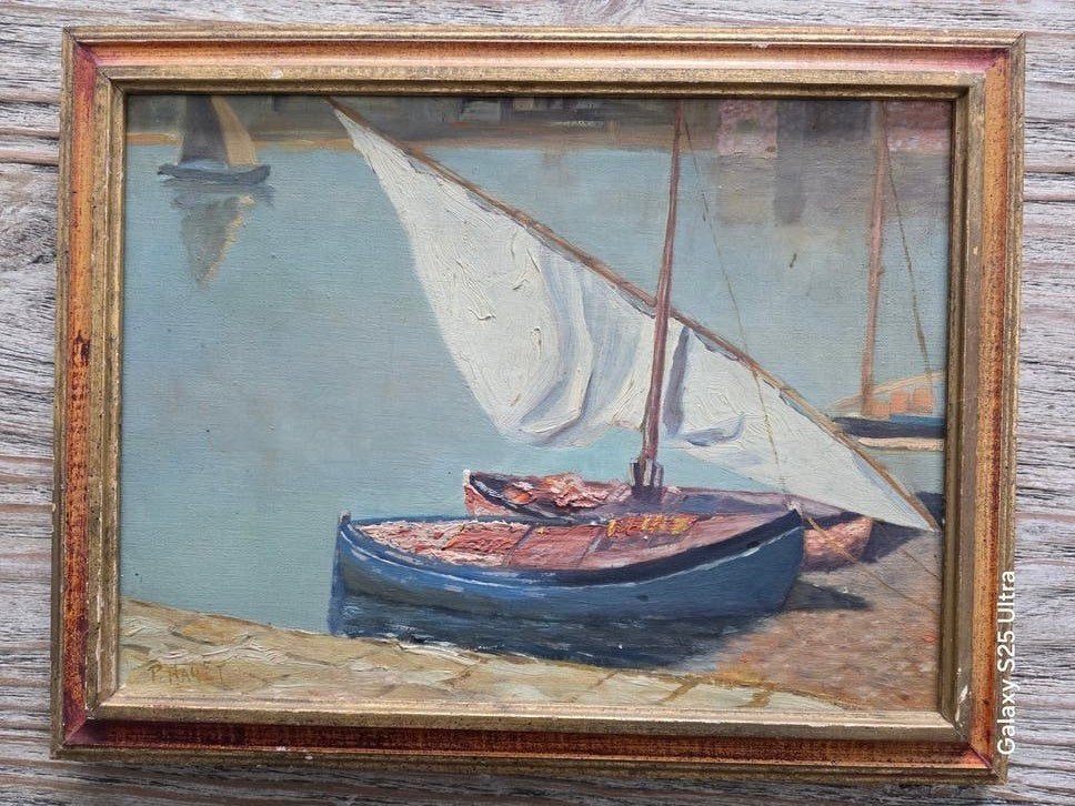 ​Belgische School: Sfeervol Olieverfschilderij Maritiem, Antiek en Kunst, Doek, Ophalen of Verzenden, Gesigneerd, Olieverf