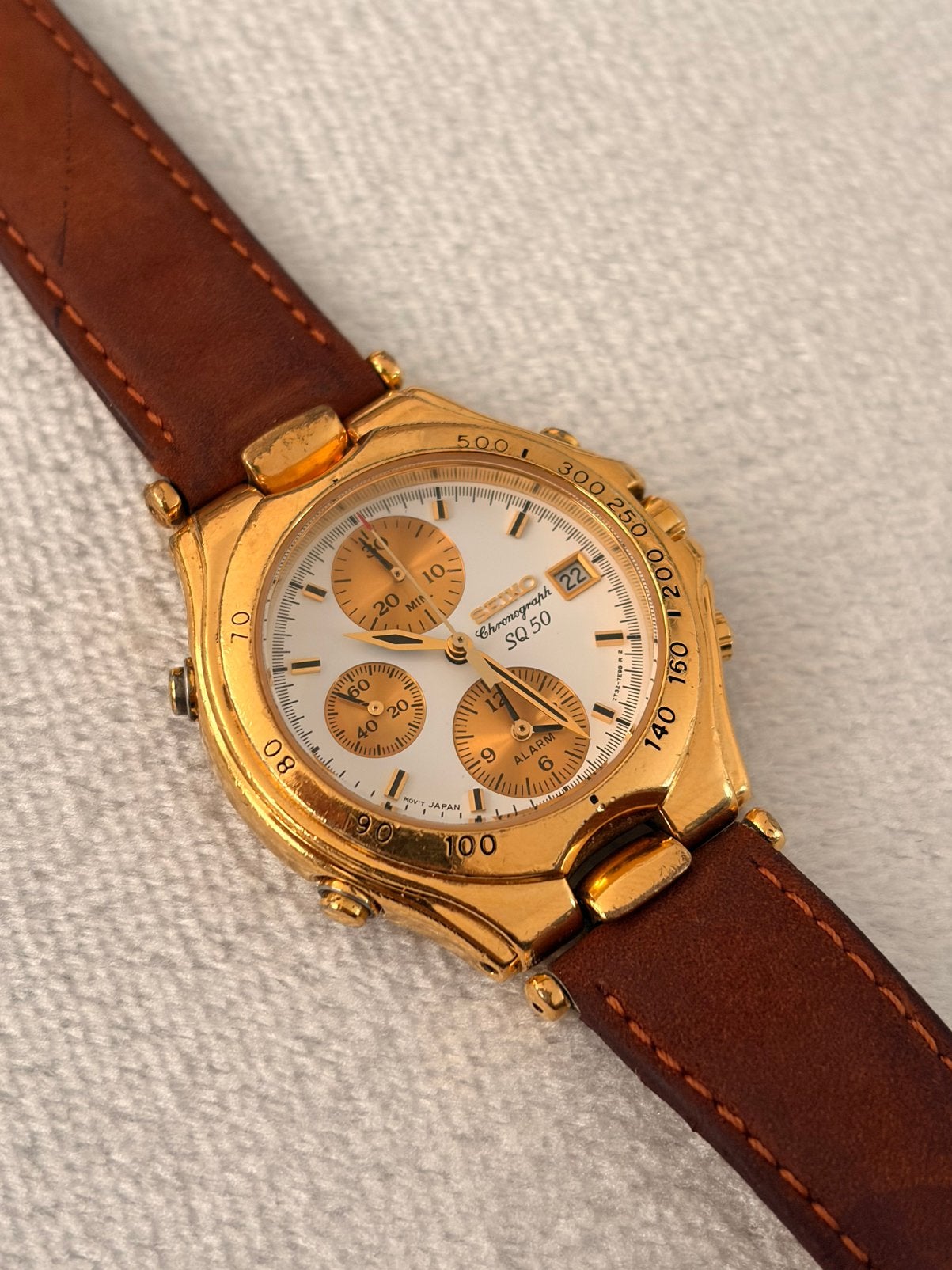 MONTRE VINTAGE SEIKO SQ 50 CHRONOGRAPH ALARM DORÉE 7T32-7D4C, Enlèvement ou Envoi, Seiko, Doré
