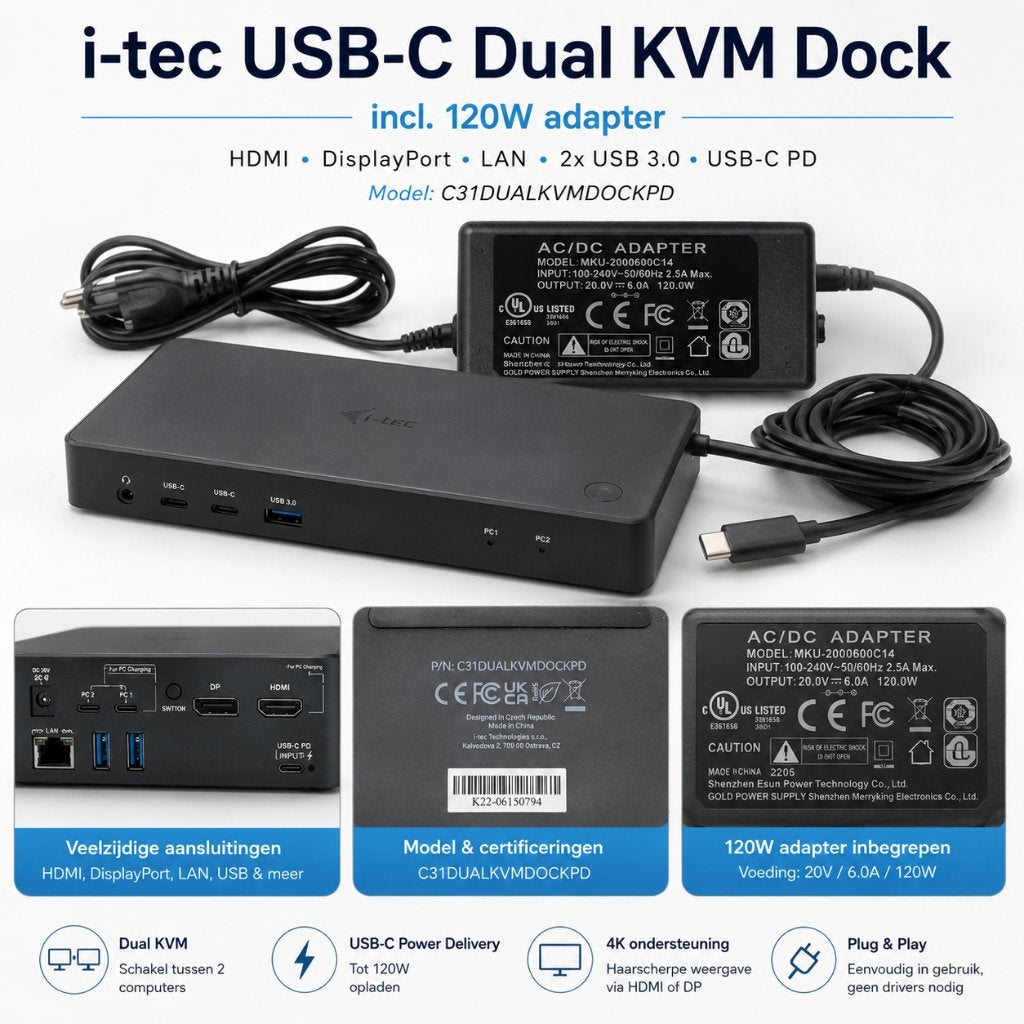 i-tec C31DUALKVMDOCKPD USB-C/Thunderbolt KVM Docking Station, Computers en Software, Ophalen of Verzenden, Zo goed als nieuw, I-Tec