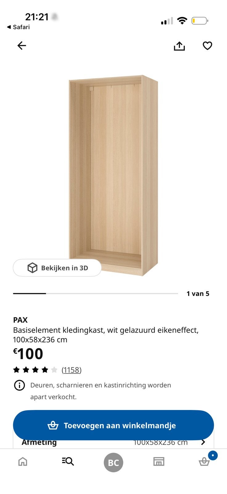 Pax basiselement wit gelazuurd eiken, Ophalen