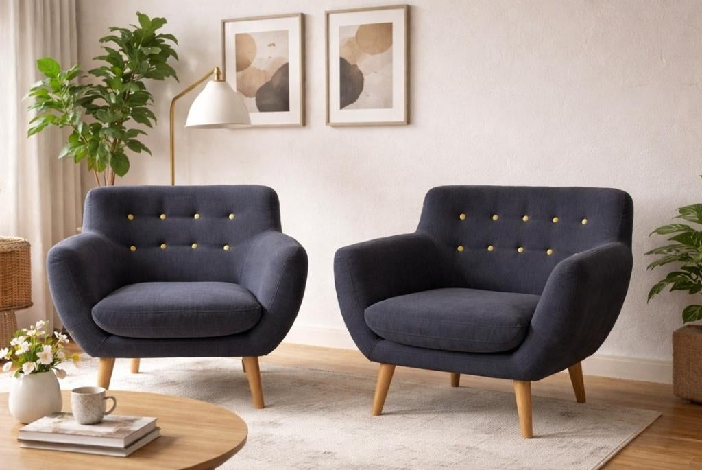 Design fauteuils set 2 Sentou Coogee blauw eik, Huis en Inrichting, Fauteuils, Gebruikt, Hout, Stof, 75 tot 100 cm, 75 tot 100 cm