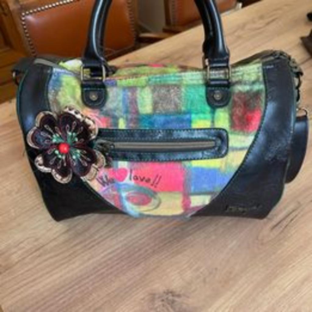 DESIGUAL bowlinghandtas met pauw- en bloemenprint, Handtassen en Accessoires, Tassen | Damestassen, Verzenden, Zo goed als nieuw
