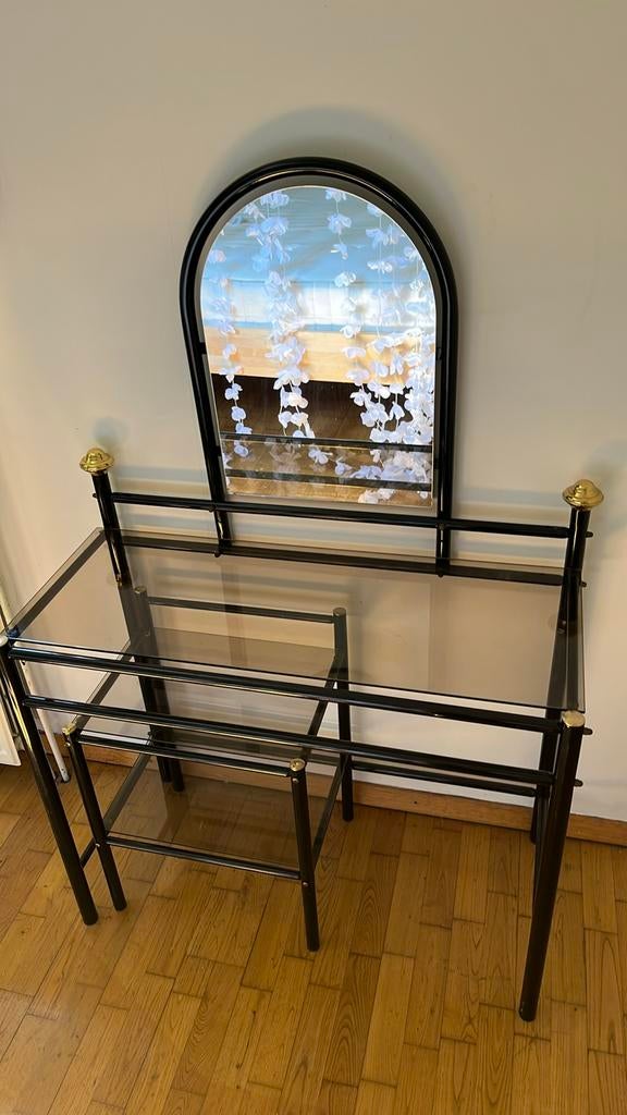 Spiegeltafel + glazen stoel / bijzettafel hollywood regency, Huis en Inrichting, Ophalen, Metaal of Aluminium, 100 tot 150 cm