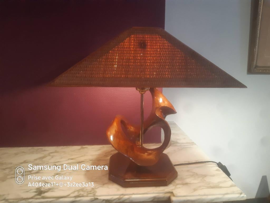 Lampe salon deco bois rotin tbe, Enlèvement, Utilisé, Bois, Moins de 50 cm