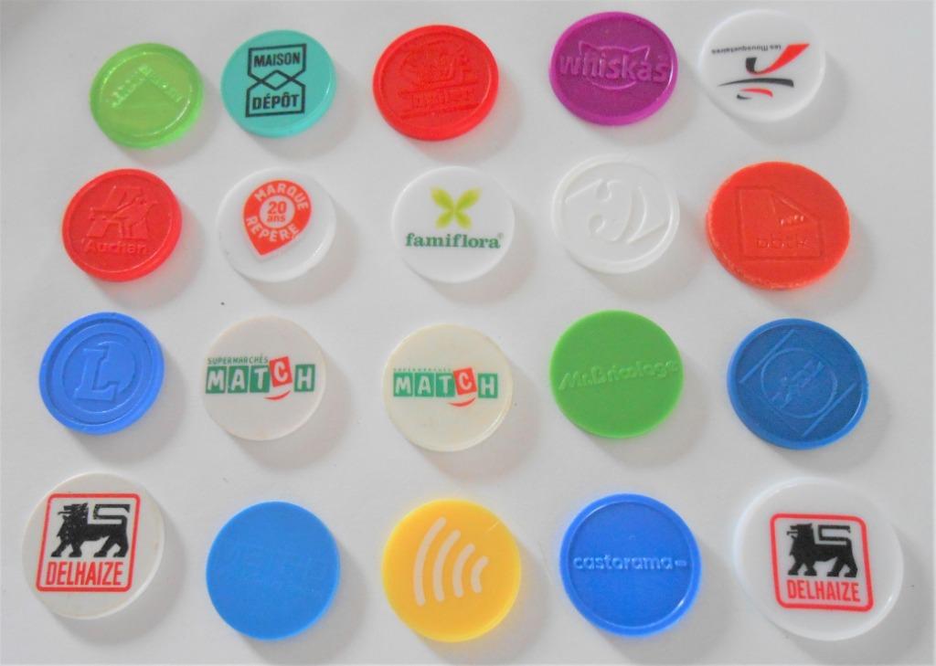 lot 3 - 20 jetons de caddies matière plastic - 0,50 pièce, Collections, Enlèvement ou Envoi, Utilisé