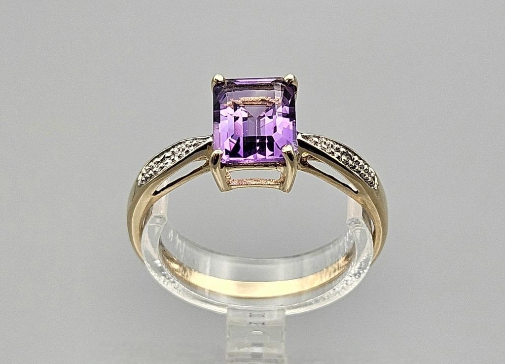 Gouden Vintage ring edelsteen amethist en diamant. 2024/313., Handtassen en Accessoires, Ringen, Zo goed als nieuw, Dame of Heer