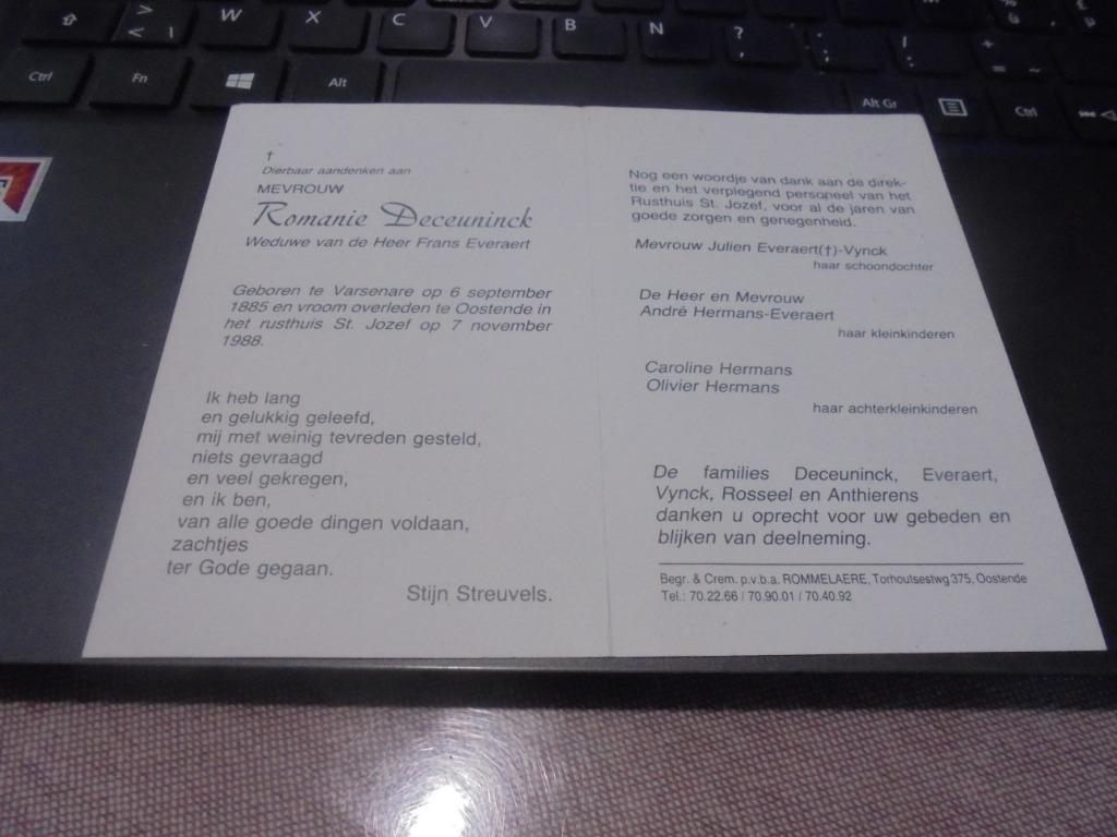 dp Romanie Deceuninck, Enlèvement ou Envoi, Image pieuse