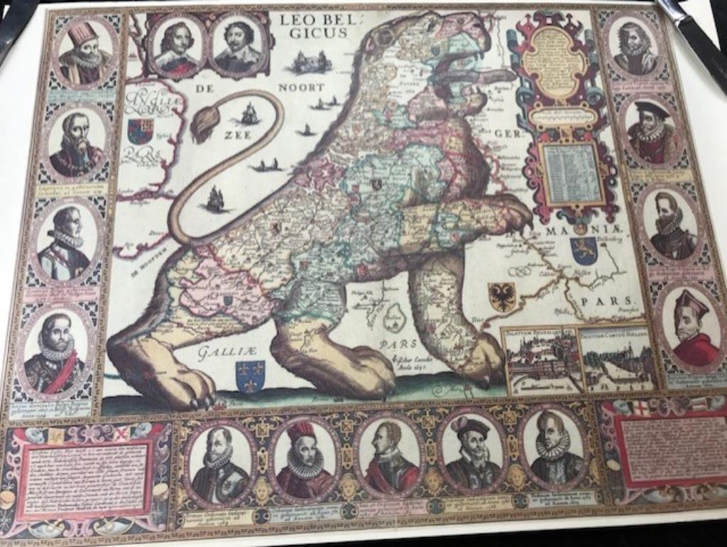 landkaart Leo Belgicus met portretten, Ophalen of Verzenden