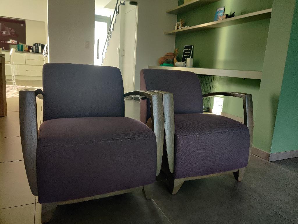 Te koop : 2 zetels aubergine, Huis en Inrichting, Fauteuils, Gebruikt, Hout, Stof, 50 tot 75 cm, Ophalen
