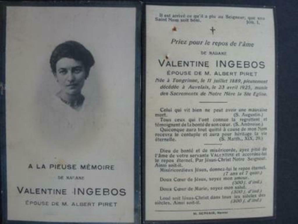 carte de mort Ingebos Valentine  Tongrinne 11 juillet 1889, Envoi, Image pieuse