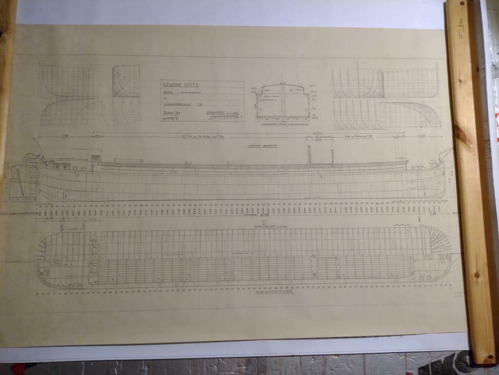Tekening/plan van een spits (binnenvaart)., Hobby en Vrije tijd, Modelbouw | Boten en Schepen, Ophalen