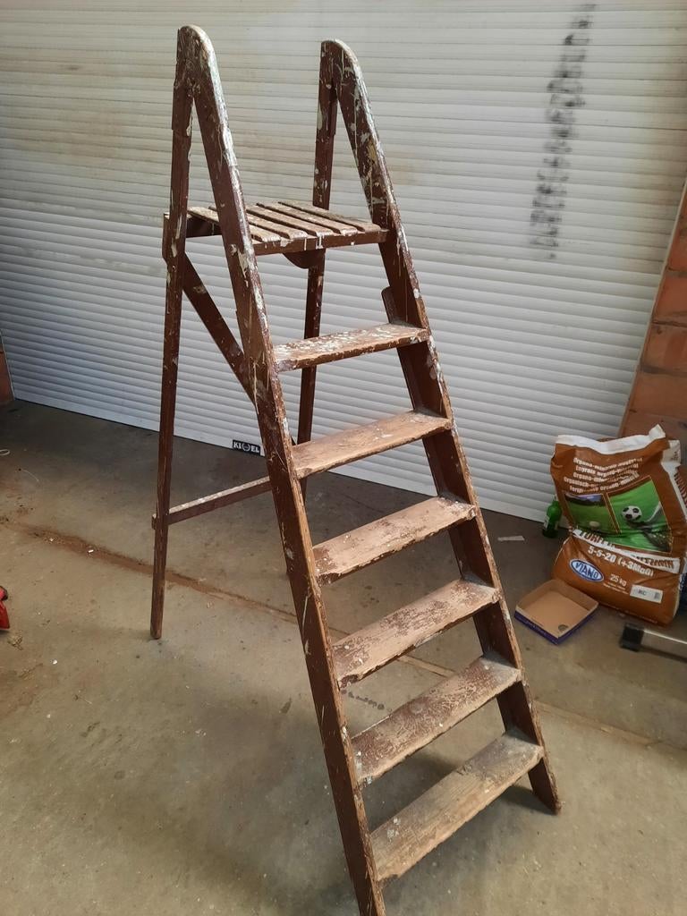 Oude houten schildersladder - trapladder, Antiek en Kunst, Ophalen