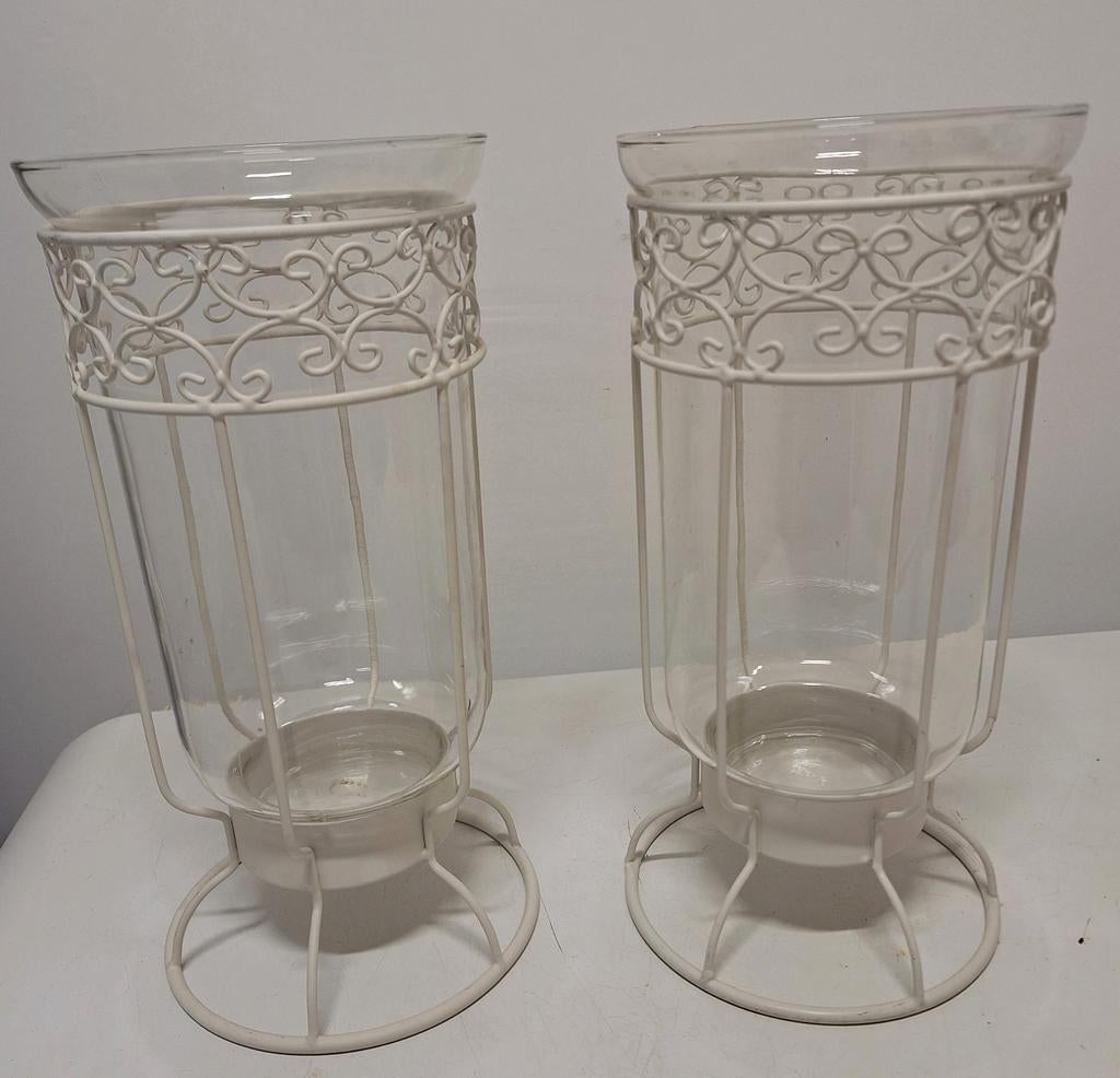 Bougeoirs en verre et métal, blancs, Enlèvement, Blanc, Métal