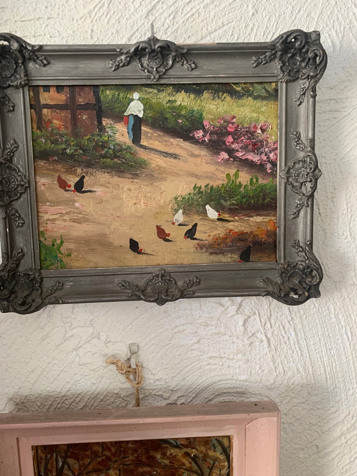 Petite Peinture a huile d une bascour, Enlèvement ou Envoi, Signé, Fleurs