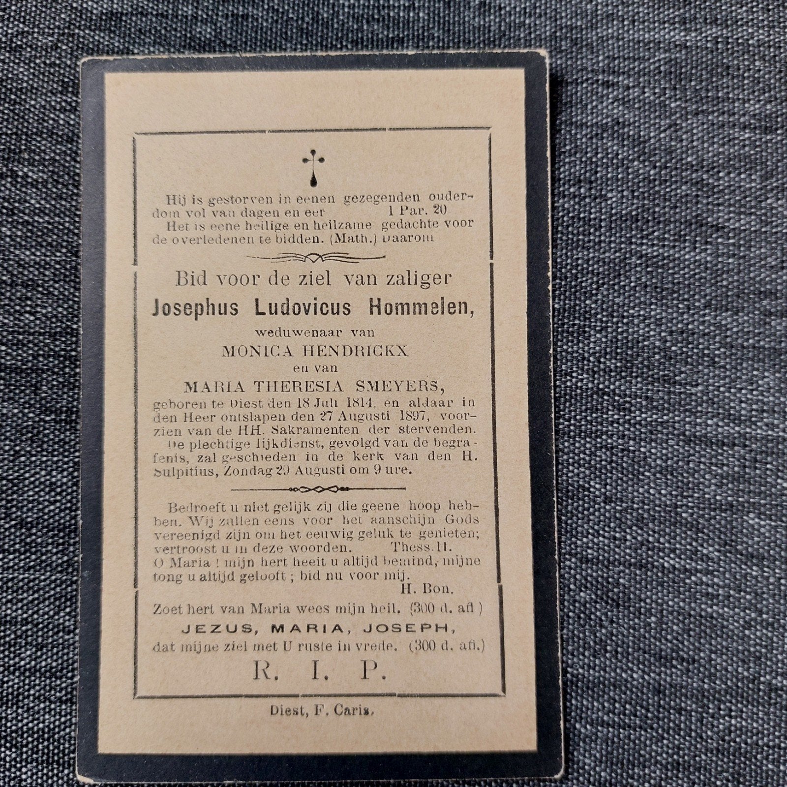 Bidprentje Diest 1814-1897, Ophalen of Verzenden, Bidprentje