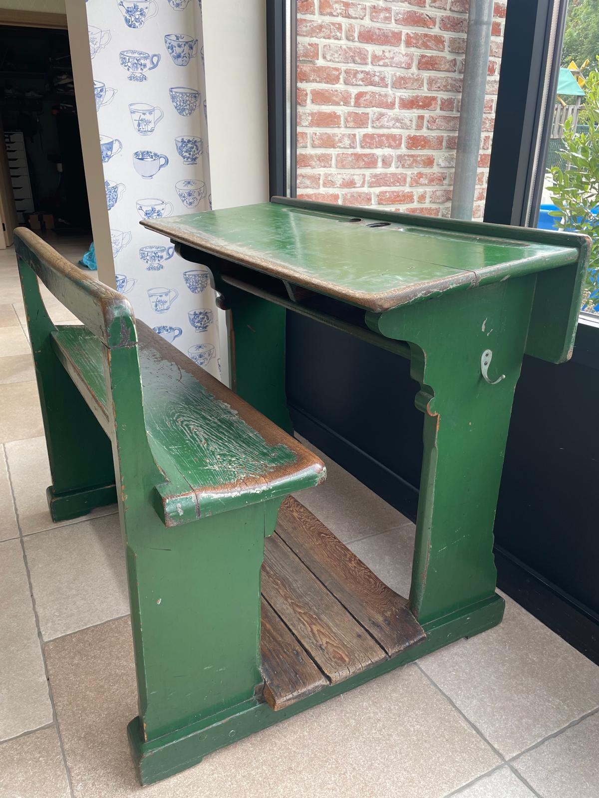 Antiek schoolbankje, Ophalen, Groen, Hout, 74 cm