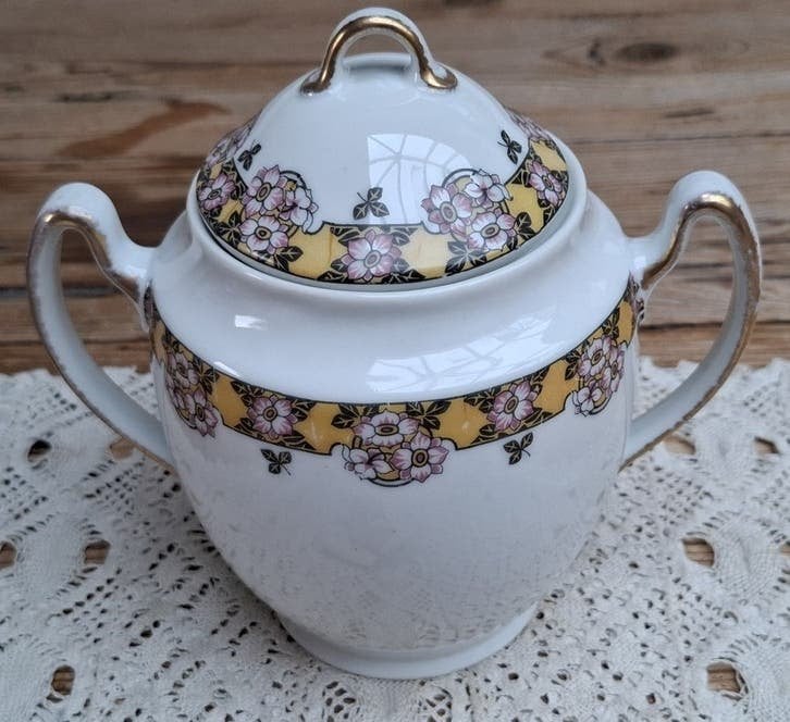 Franse porseleinen suikerpot met roze bloemen, Limoges, Enlèvement ou Envoi