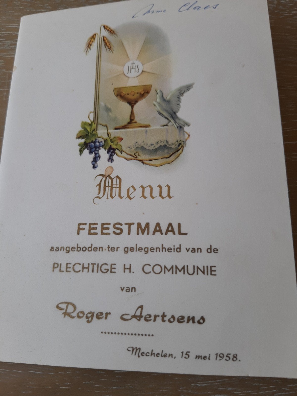 Menu Plechtige communie 1958, Ophalen