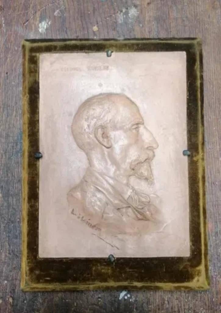 Tableau portrait argile Skiner au colonel BURLIN 1870 WW1, Envoi, Autres, Objet d'art