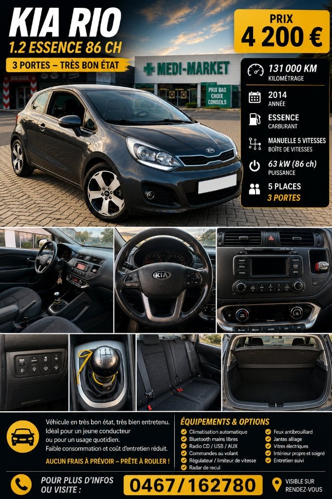 Kya RIO, Autos, Kia, Particulier, Rio, Caméra de recul, Régulateur de distance, Airbags, Air conditionné, Alarme, Android Auto