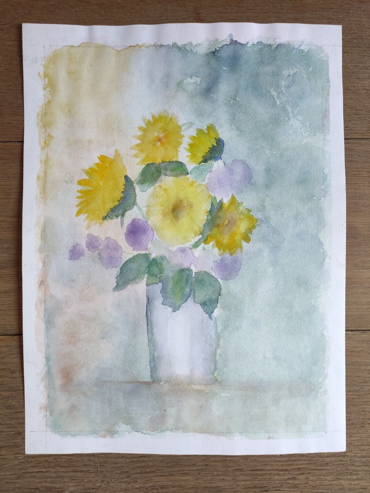 AQUARELLE ORIGINALE : vase en forme de tournesol, Enlèvement ou Envoi, Aquarelle, Fleurs