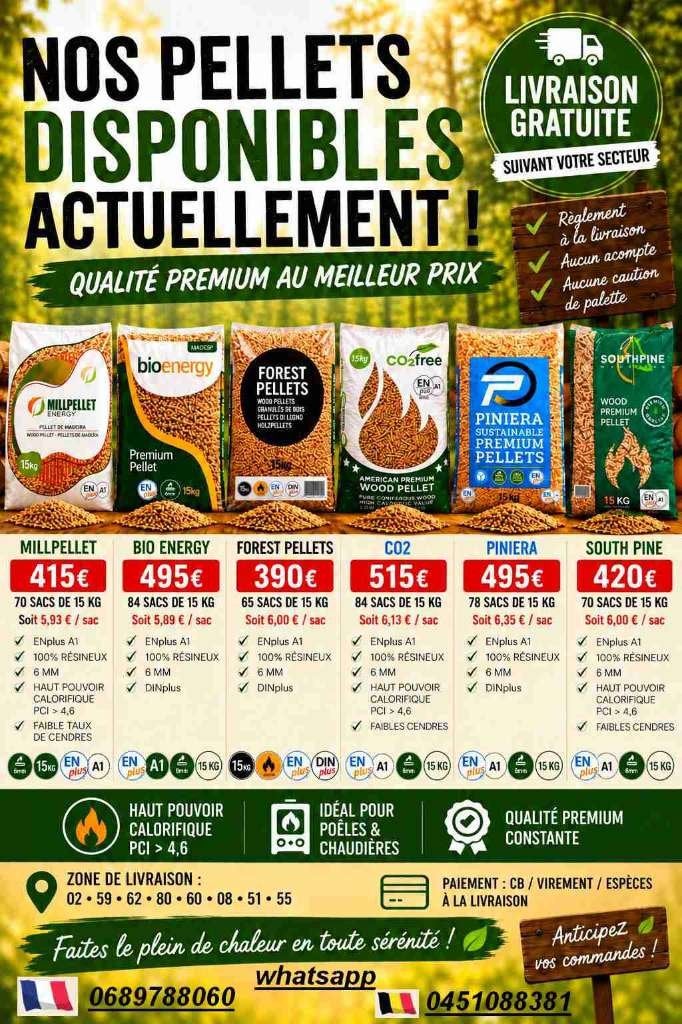 Palettes de Pellets 100 % résineux. Paiement à la livraison, 6 m³ ou plus, Envoi, Autres essences de bois, Bûches