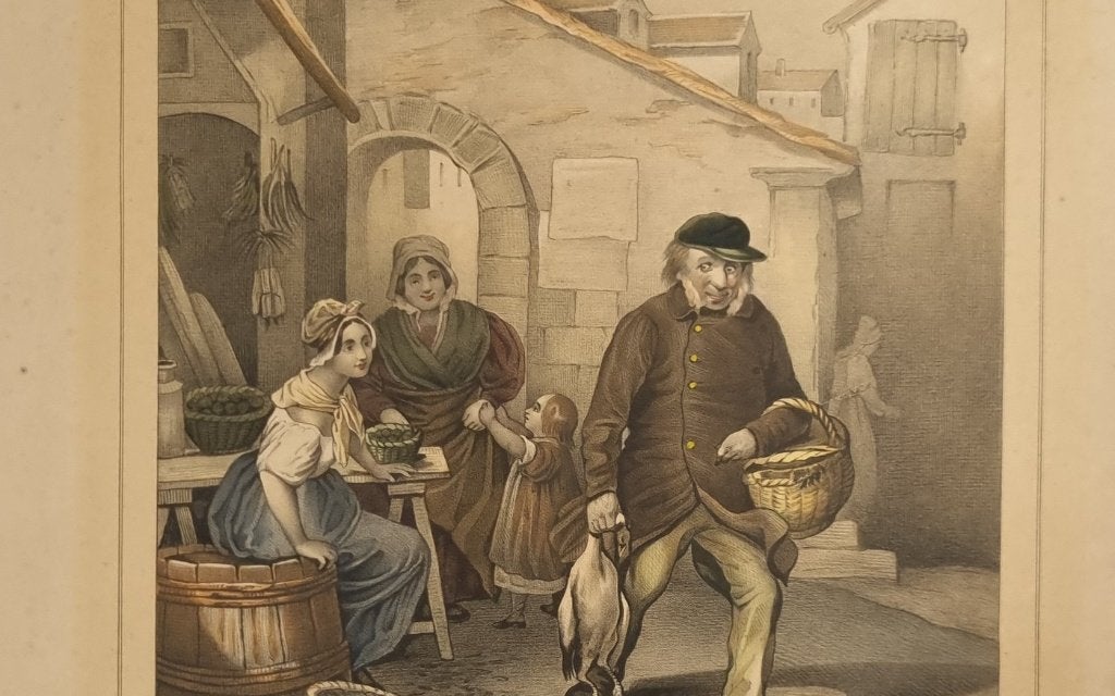 Ingekleurde litho The goodnatured husband - Jos. Scholz, Original, Enlèvement, Portraits et figures, Lithographie