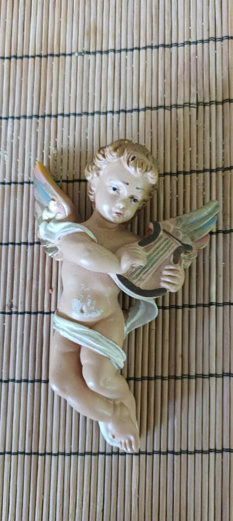 Ancien petit ange mural en bois avec lyre 12,5 cm, Enlèvement ou Envoi