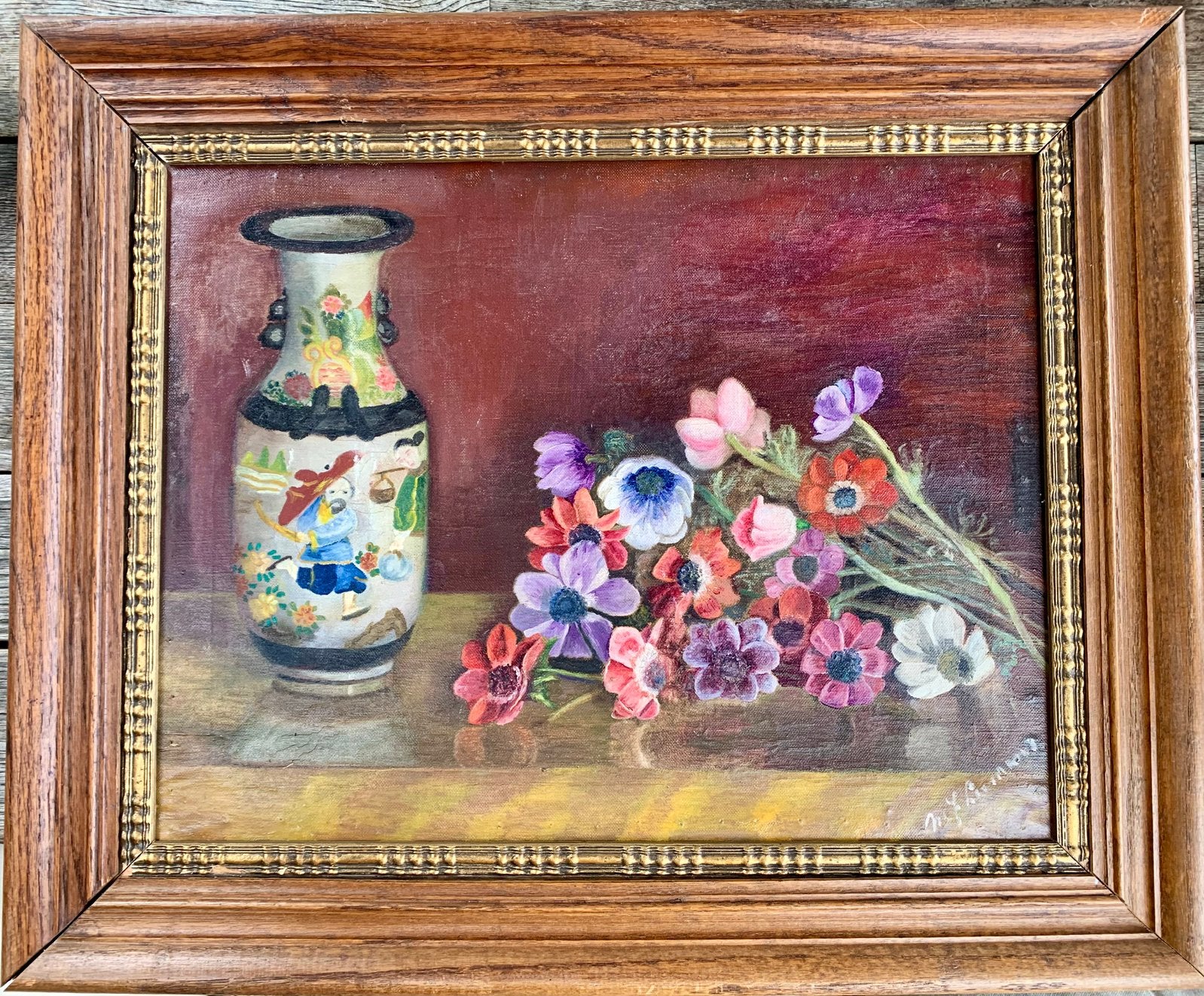 Peinture à l'huile ancienne, vase Japan, fleurs, Enlèvement ou Envoi, Signé, Fleurs