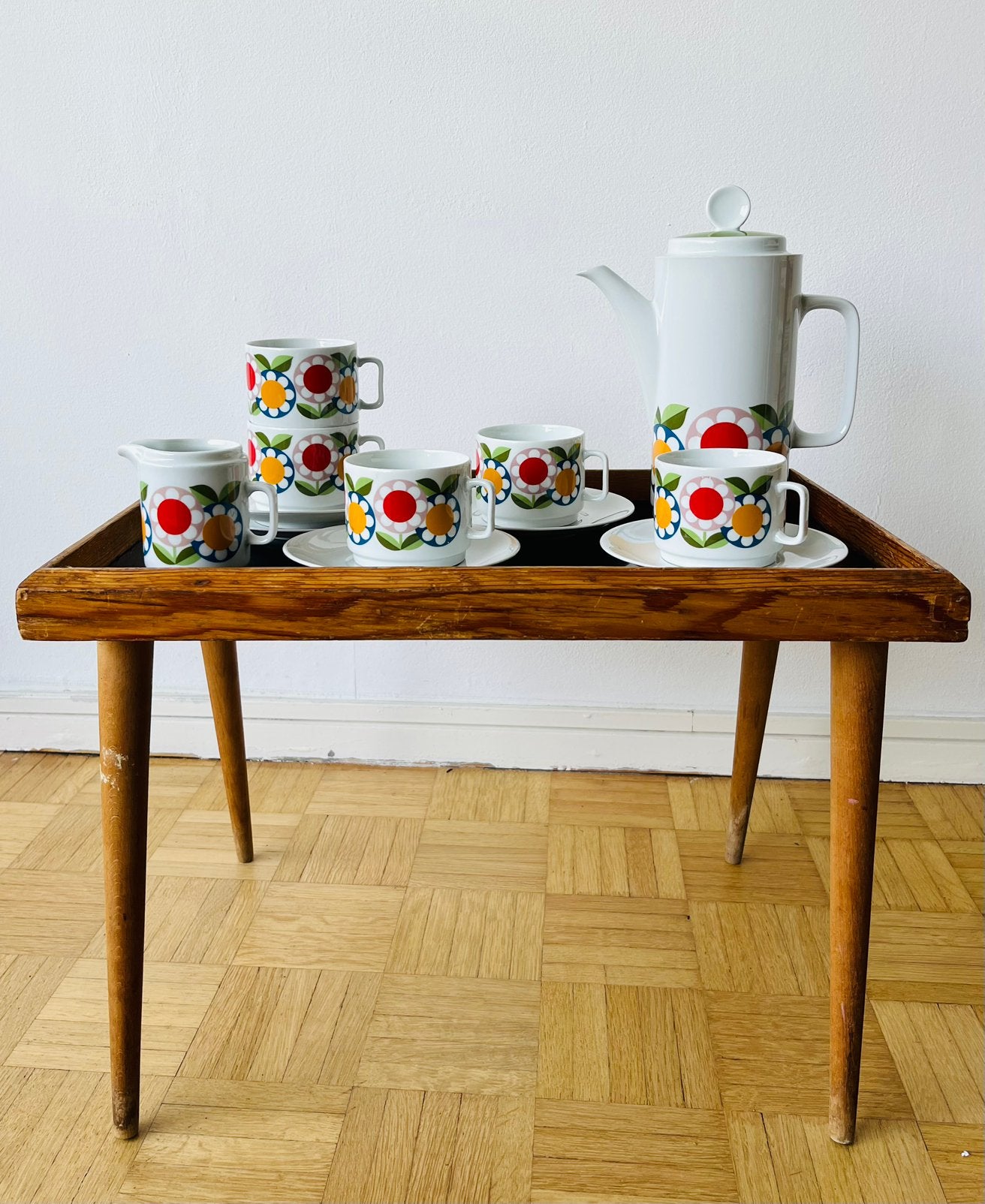 retro servies met kleurrijke bloemen, Enlèvement, Utilisé, Porcelaine, Tasse et/ou soucoupe