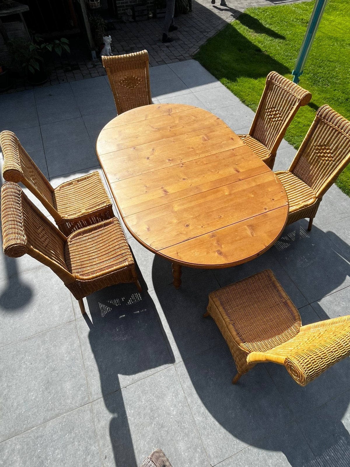 Bamboe tuinset – uitklapbare tafel + 6 stoelen, Ophalen, Gebruikt, 6 zitplaatsen, Tuinset