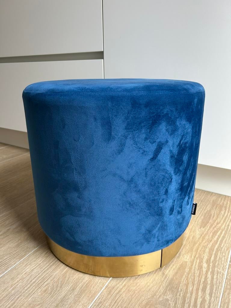 Velvet Poef Blauw met Gouden Voet – Interwonen, Ophalen, Zo goed als nieuw, Metaal