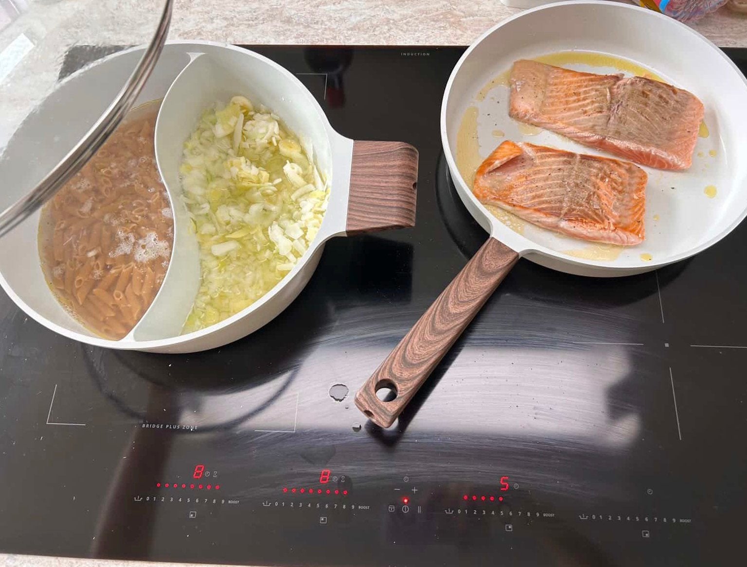 Pannenset beige walnoot - 1 pan, 1 duopot, 1 kookpot, Ophalen, Zo goed als nieuw, Pannenset