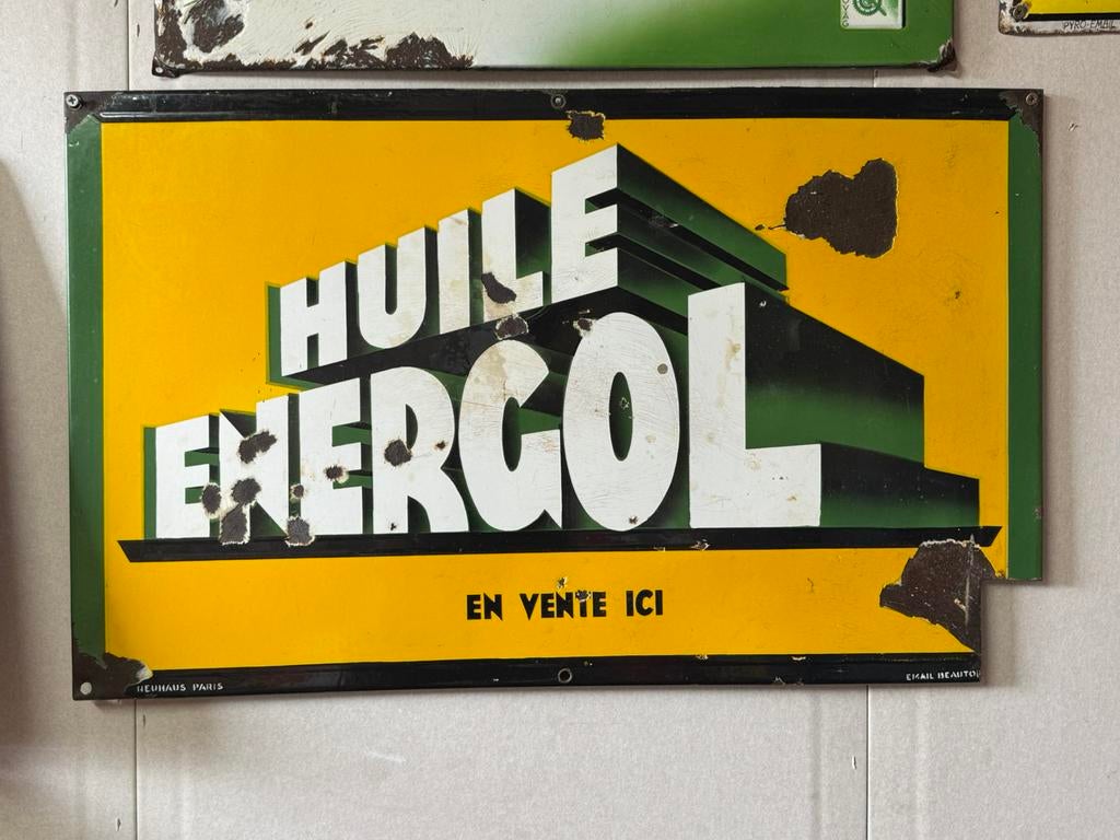 Huile Energol BP emaille reclamebord, Verzamelen, Ophalen, Gebruikt, Reclamebord