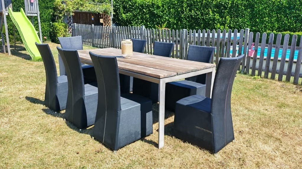 Tuinset + 8 stoelen + kussens + beschermhoes, Tuin en Terras, Ophalen, Gebruikt, Aluminium, 8 zitplaatsen