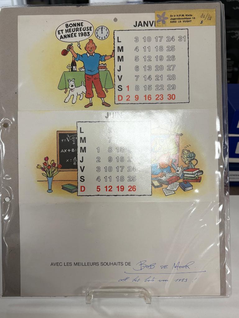 Kuifje nieuwjaarskaart 1983 gesigneerd Bob de Moor, Verzamelen, Ophalen of Verzenden, Kuifje, Zo goed als nieuw, Plaatje, Poster of Sticker
