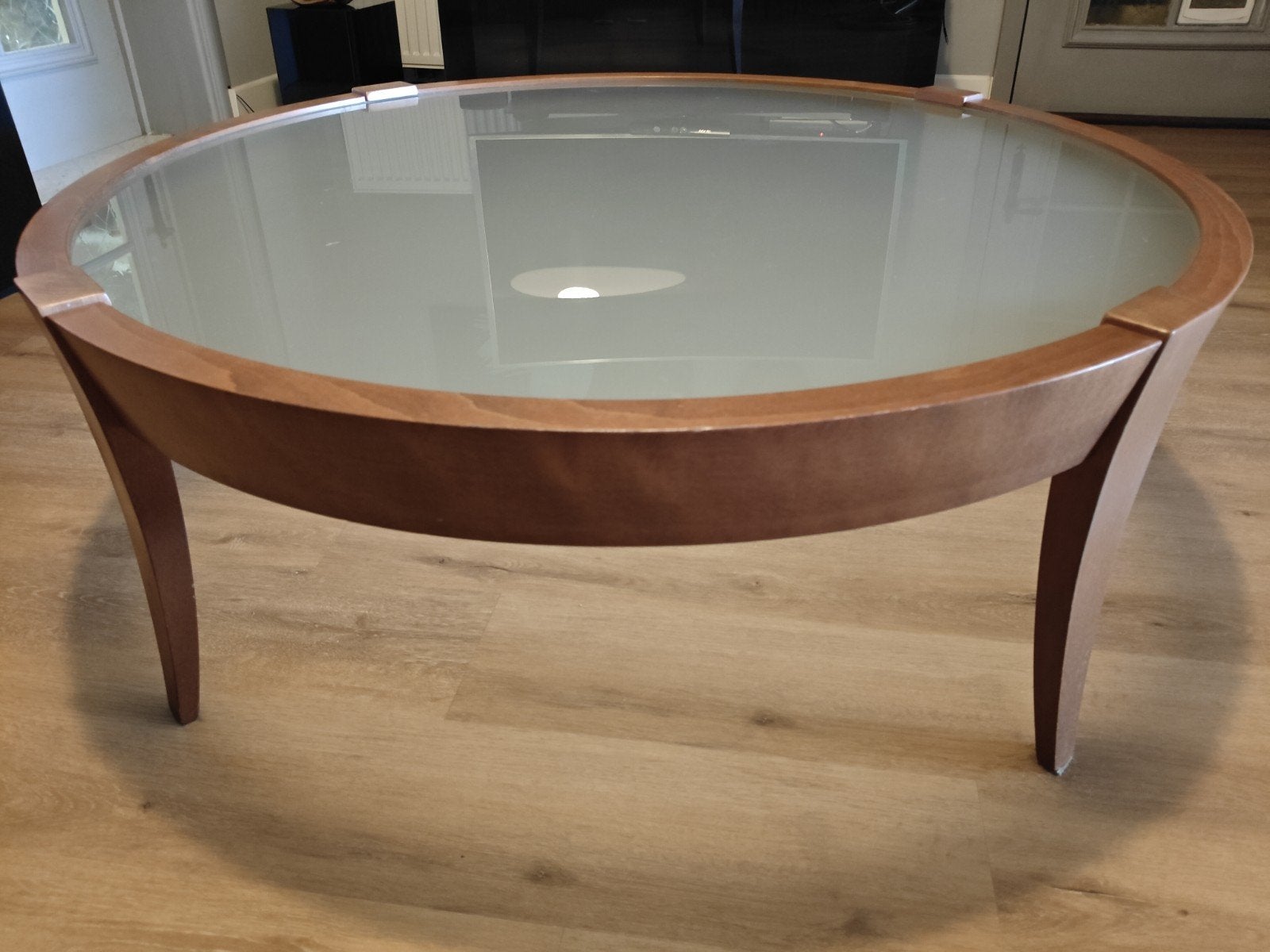 table ronde en bois avec plateau en verre dépoli, 100 à 150 cm, Autres essences de bois, Rond, 100 à 150 cm