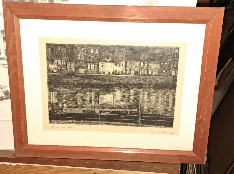 gravure quai sur meuse signe francois marechal, Antiek en Kunst, Ophalen of Verzenden, Gravure