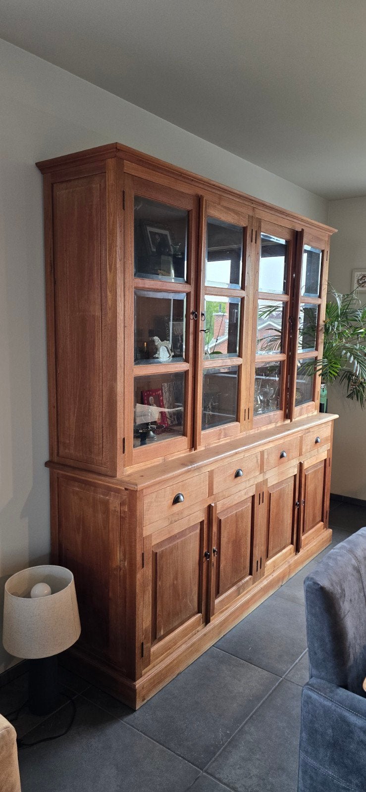 Teak vitrine kast., Ophalen, Gebruikt, 200 cm of meer, Met lade(s)