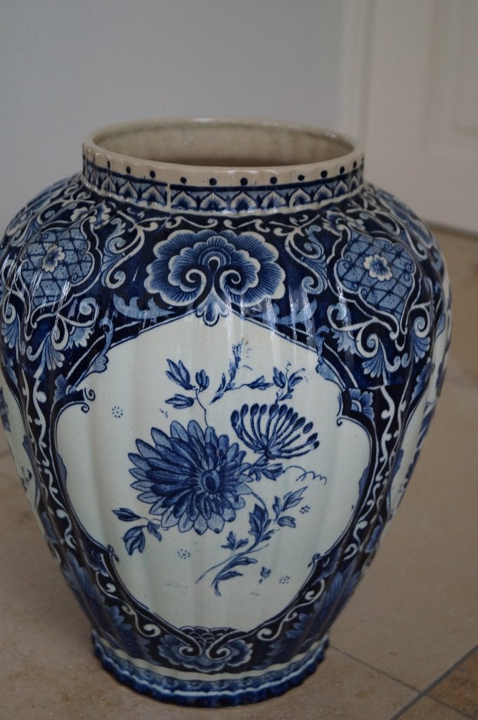 Grote Vintage Delfts Blauwe Vaas met Bloemenmotief – 30 cm, Ophalen of Verzenden