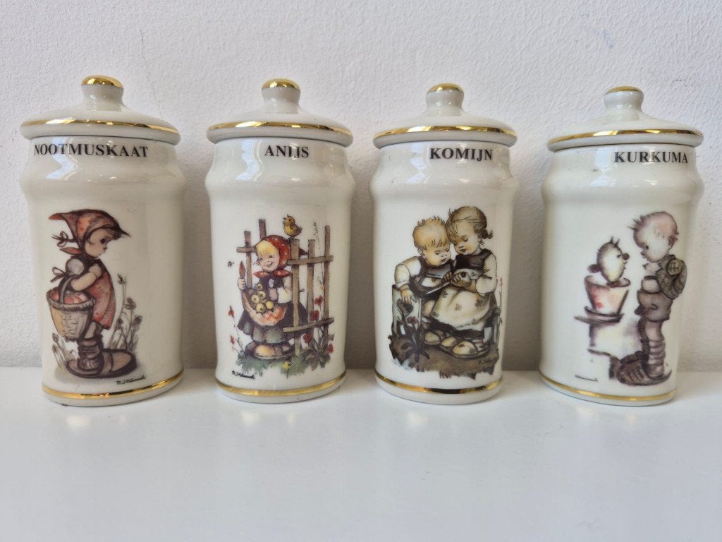 Set van 4 porseleinen kruidenpotten, gemerkt M.J. Hummel., Antiek en Kunst, Antiek | Porselein, Ophalen