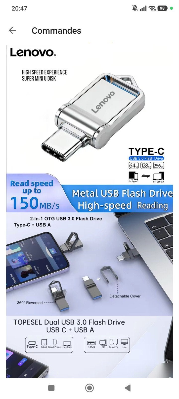 Clé USB Lenovo 1 Téra (1000go) USB/USB-C pour PC et téléphon, Informatique & Logiciels, Enlèvement ou Envoi, Neuf, Lenovo, 1 TB
