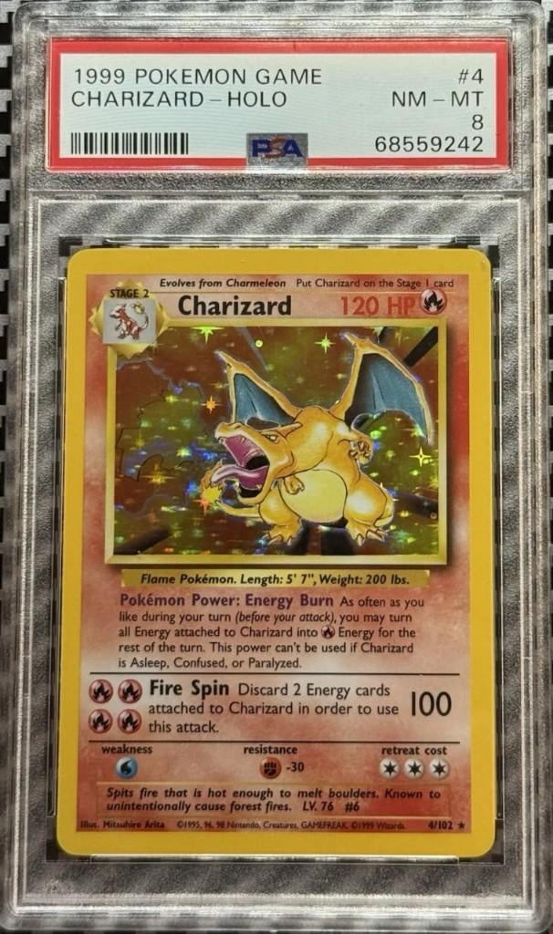 Charizard 1999 Basisset PSA 8 Holo, Ophalen of Verzenden, Zo goed als nieuw, Overige typen, Foil