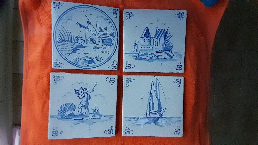 4 Delftse Tegels blauw antiek 13 x 13 cm, Ophalen