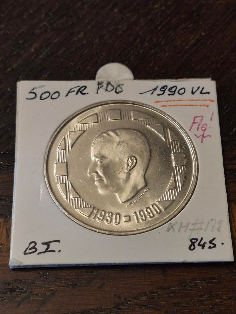 500 fr zilver 60 ste verjaardag Boudewijn 1 ( 1930-1990 )fdc, Monnaie en vrac, Argent, Enlèvement, Argent