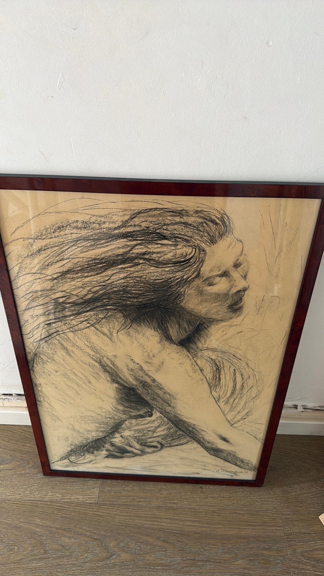 Grote ingelijste houtskooltekening – portret, Enlèvement