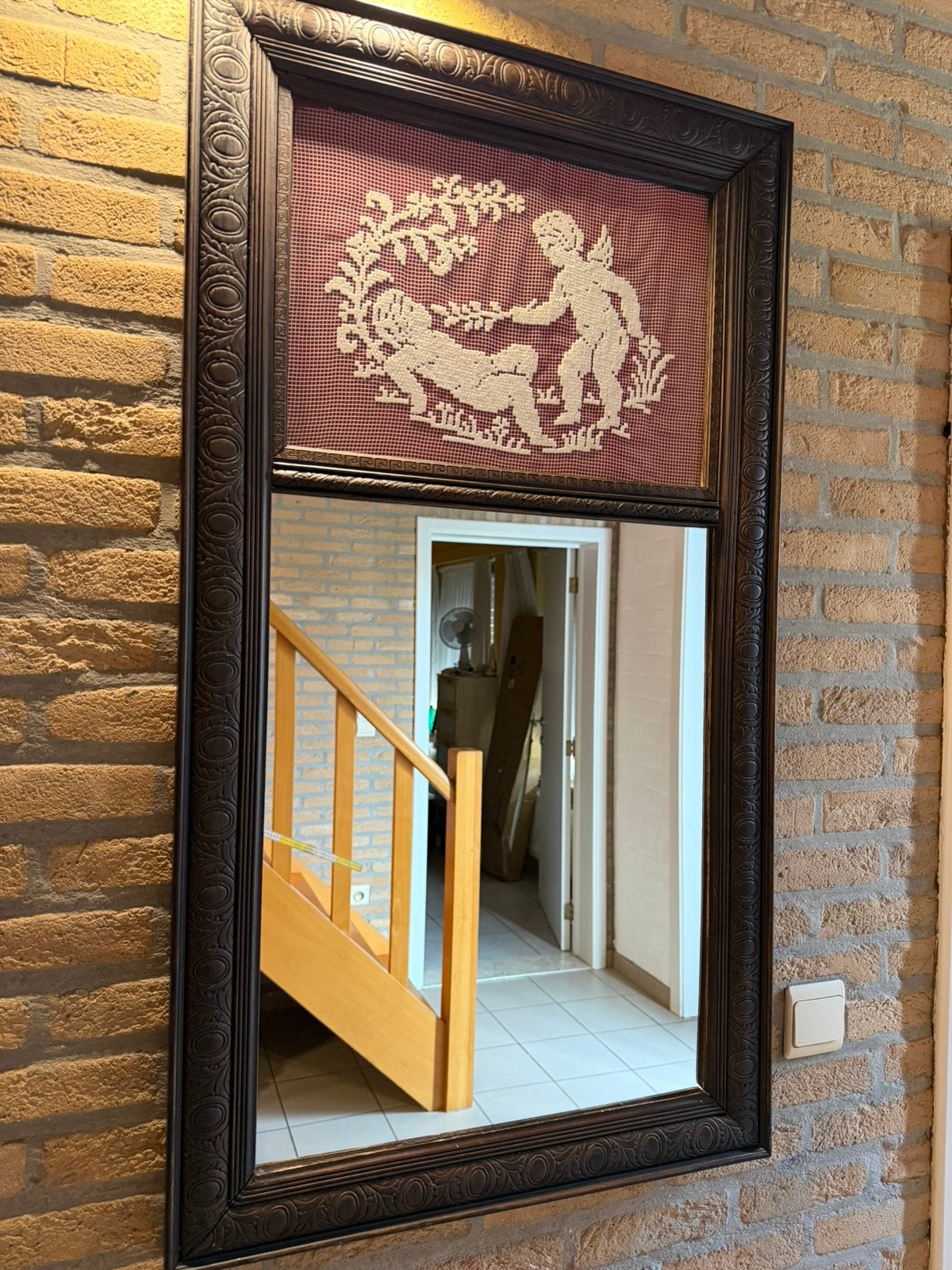 Grote decoratieve houten spiegel, Antiek en Kunst, Ophalen, Rechthoekig, 50 tot 100 cm, 100 tot 150 cm