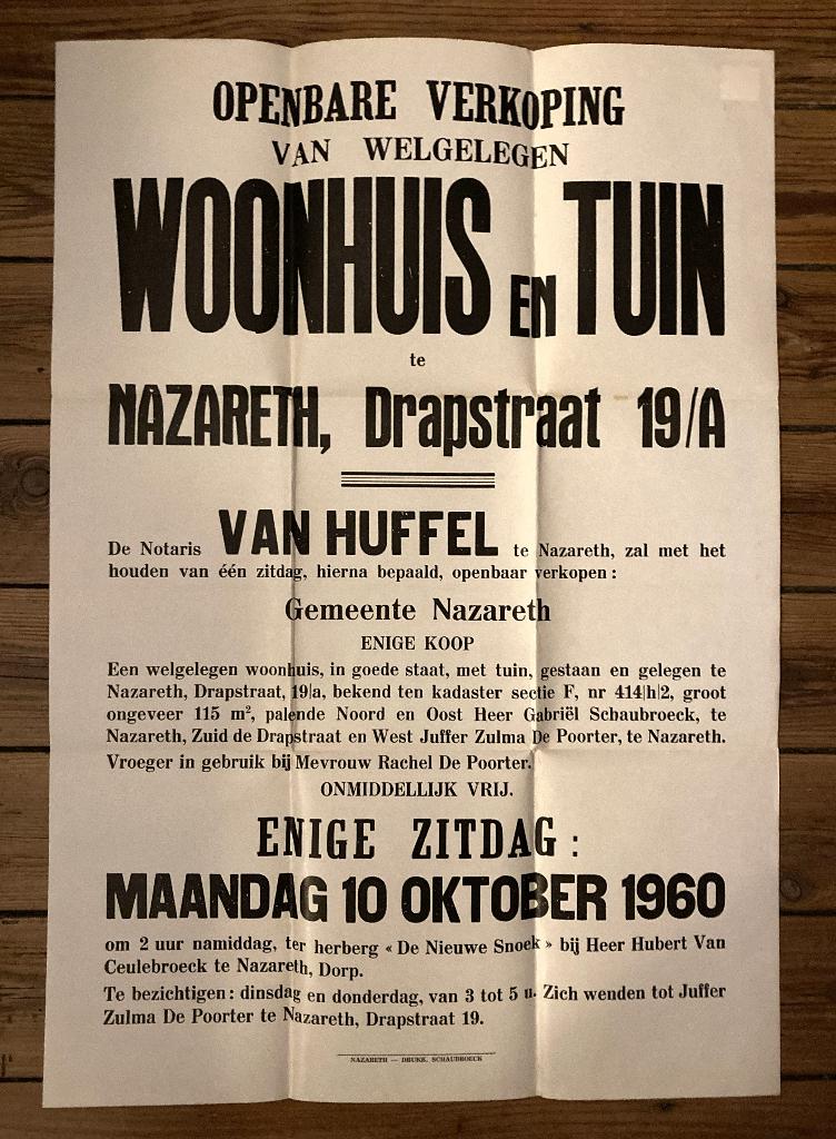 Nazareth : affiche 1960 openbare verkoop woonhuis Drapstraat, Enlèvement