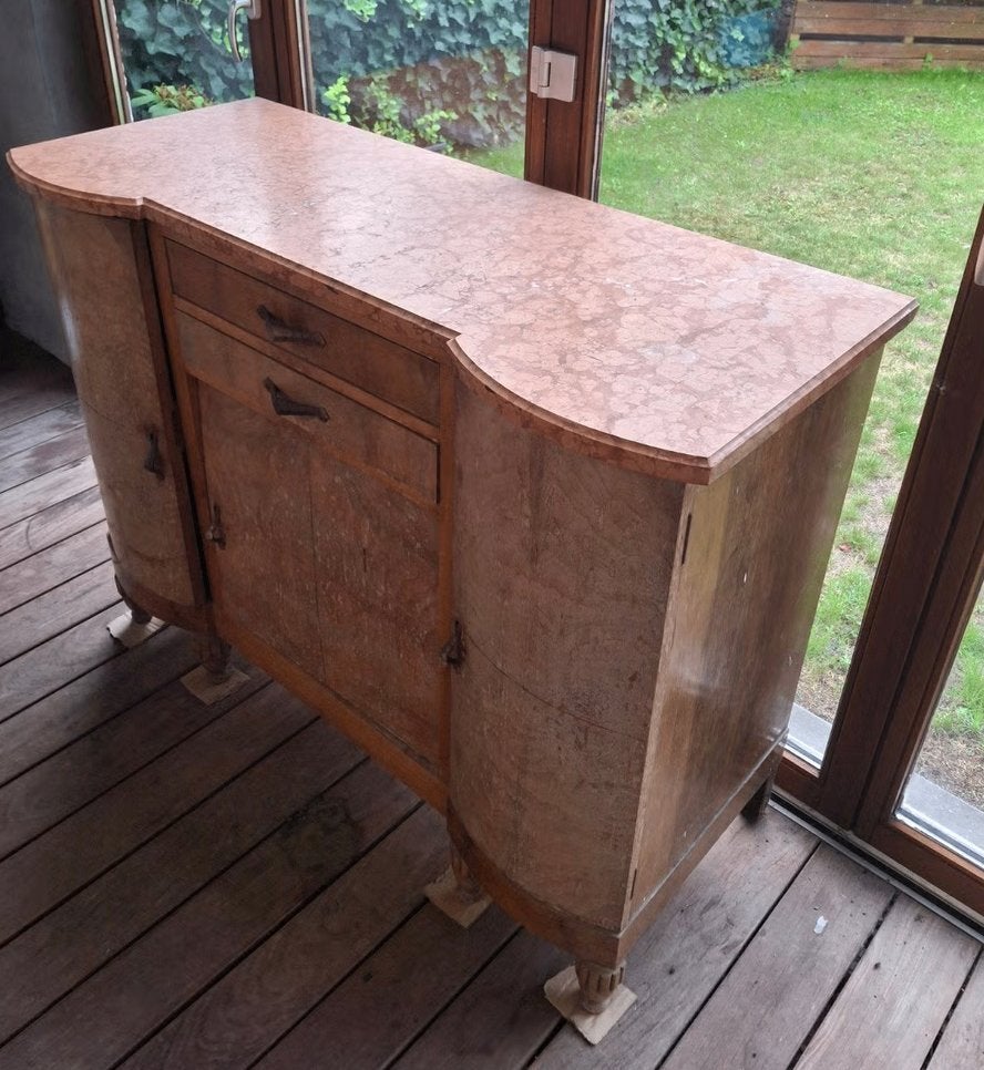 Vroege Art deco buffetkast met roze marmeren blad. 1920-1930, Ophalen, Gebruikt, 100 tot 150 cm, 100 tot 150 cm