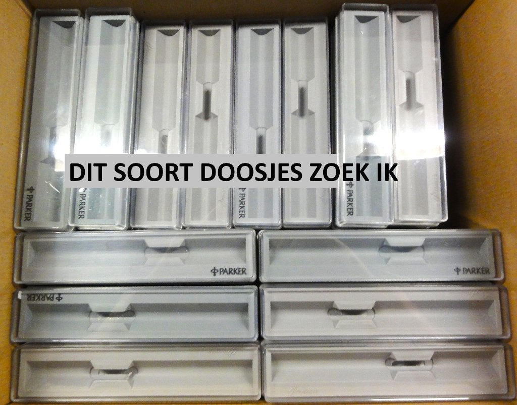GEZOCHT PARKER PENNEN DOOSJES zie de foto..., Verzamelen, Verzenden, Zo goed als nieuw, Parker